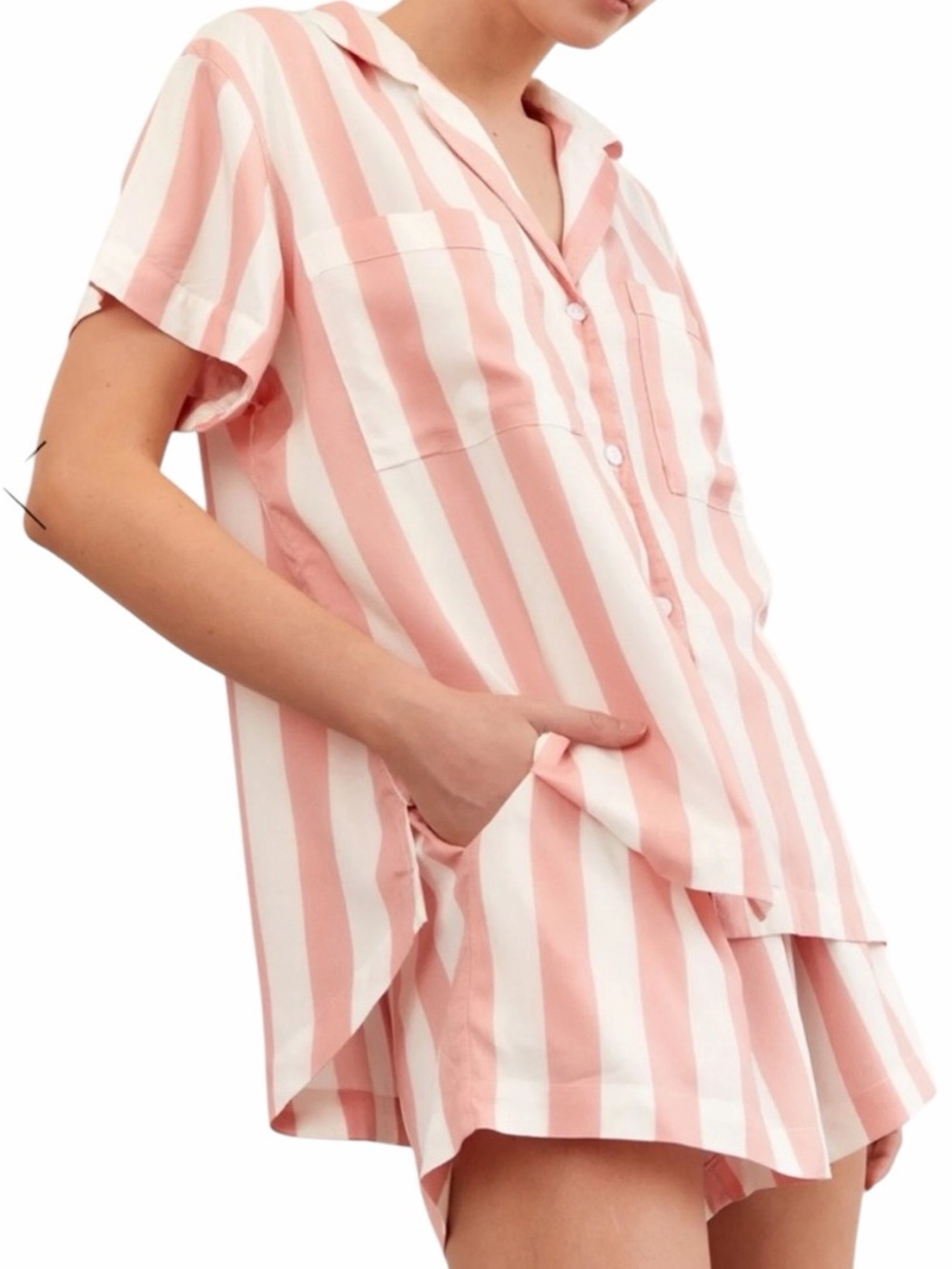 Piyama "Abigail" Peachy Pink/White Cotton Striped Short Sleeve Shortie Sleep Set